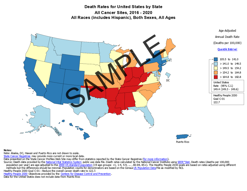 Sample United States map showing age-adjusted death rates by state